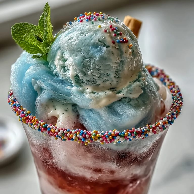 Whimsical cotton candy lemonade float with bright lemonade, fluffy cotton candy, and creamy vanilla ice cream.