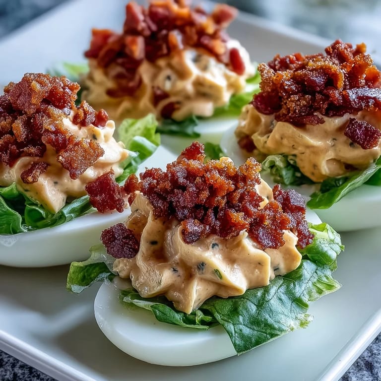 Deviled Eggs with BLT Toppings: Smooth, savory egg halves filled with creamy yolk and topped with bacon, tomatoes, and lettuce.