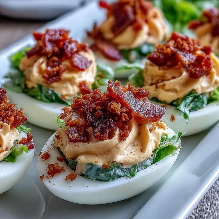 Creamy BLT Deviled Eggs with Bacon Crumbles: Tangy deviled eggs garnished with crispy bacon, diced tomatoes, and shredded romaine lettuce.