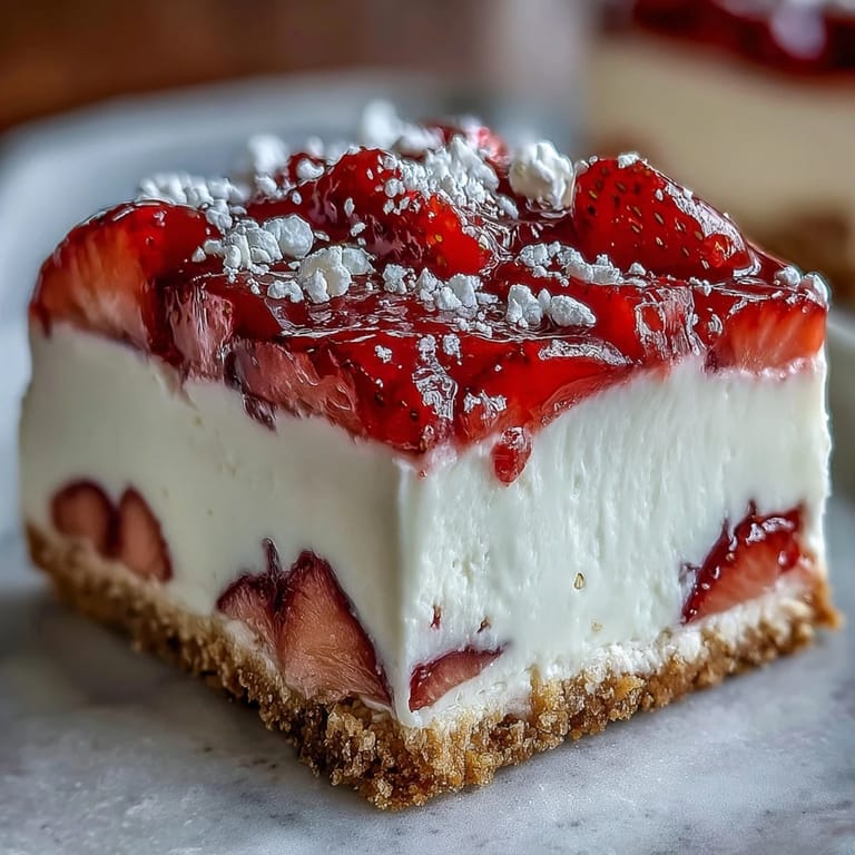 Layered strawberry cheesecake bars with smooth cream cheese filling and juicy strawberries served on a dessert platter.  