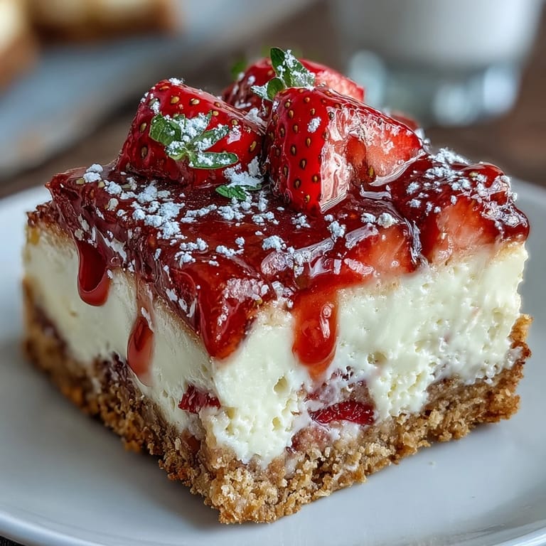 Rich and creamy strawberry cheesecake bars featuring a golden graham cracker base and vibrant red strawberry slices.