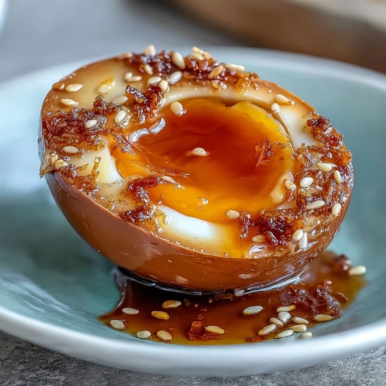 Soft-boiled eggs soaked in a bold, spicy miso marinade, offering deep flavor and a creamy yolk center.