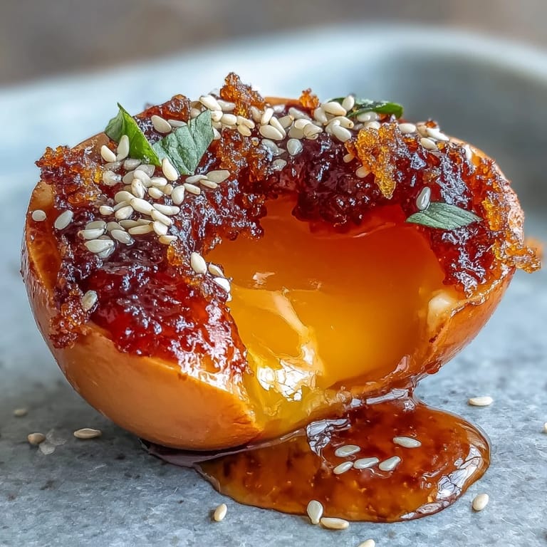 Marinated eggs infused with chili, garlic, and ginger in a savory miso sauce, ideal for Japanese-inspired dishes.