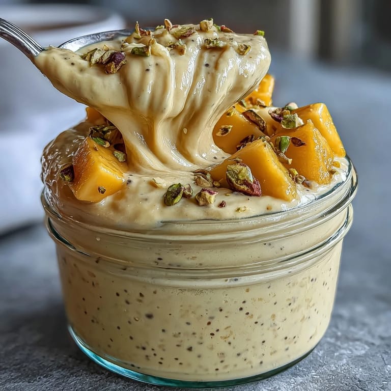Vibrant mango lassi overnight oats layered with diced mango and pistachios for a refreshing morning meal.