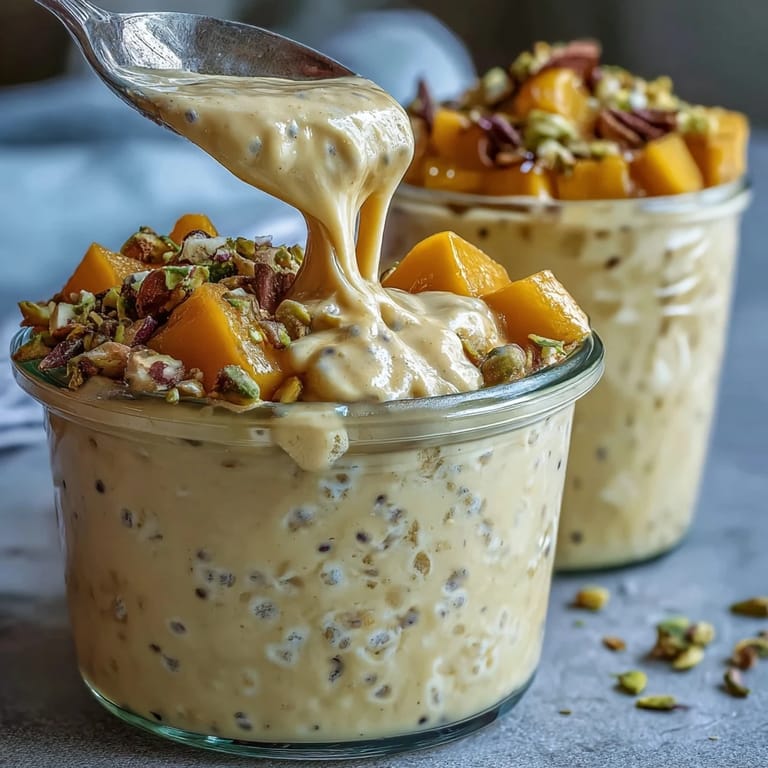 Delicious mango lassi overnight oats topped with cardamom and crunchy almonds, perfect for a healthy breakfast.