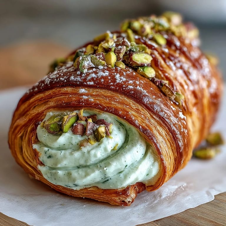 Flaky all-butter croissant oozing with creamy pistachio filling, garnished with crushed pistachios and a dusting of sugar.  