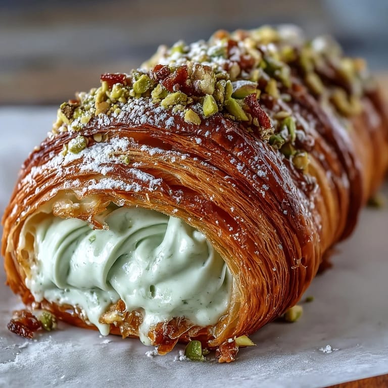 Decadent French croissant bursting with sweet pistachio cream, baked until golden and sprinkled with chopped nuts.