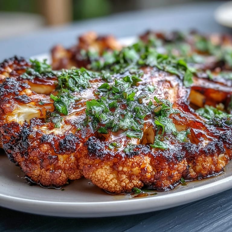 Grilled cauliflower steaks topped with bold, garlicky chimichurri, offering a smoky and herbaceous vegan entrée.