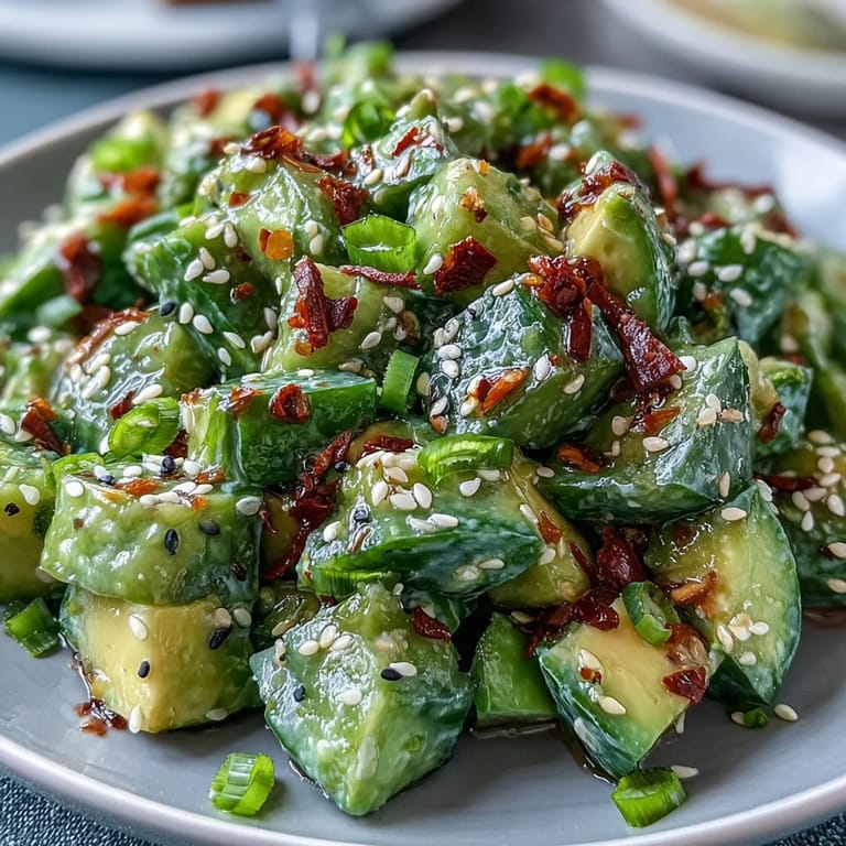 Creamy avocado and crisp smashed cucumbers tossed in a nutty sesame dressing for a refreshing, vegan-friendly salad.
