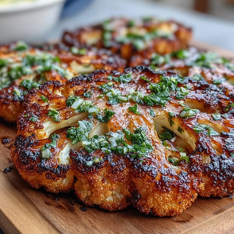 Charred cauliflower steaks served with zesty chimichurri, perfect for a flavorful plant-based barbecue centerpiece.