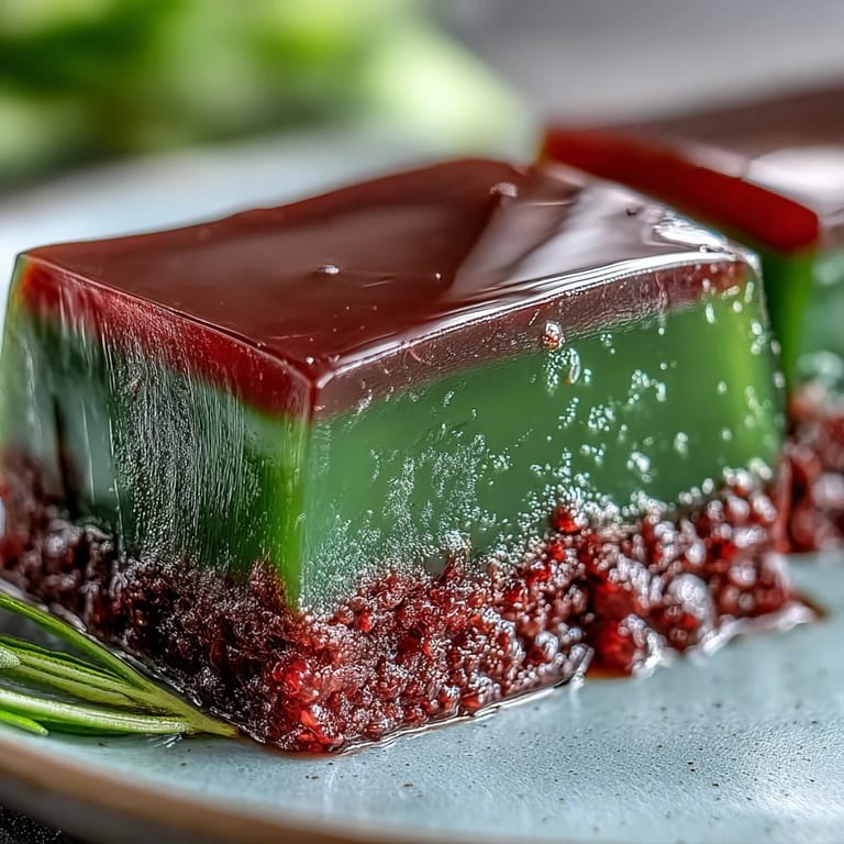 Vibrant matcha green tea jelly layered over silky red bean paste, a visually stunning Japanese treat.