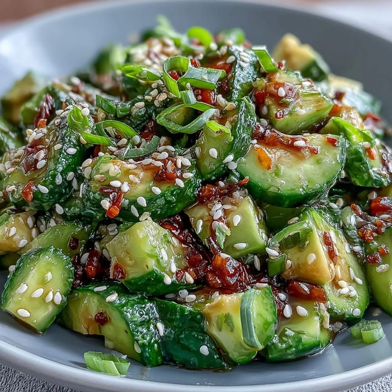 This easy smashed cucumber and avocado salad features toasted sesame oil and fresh herbs, perfect for a light lunch or side dish.