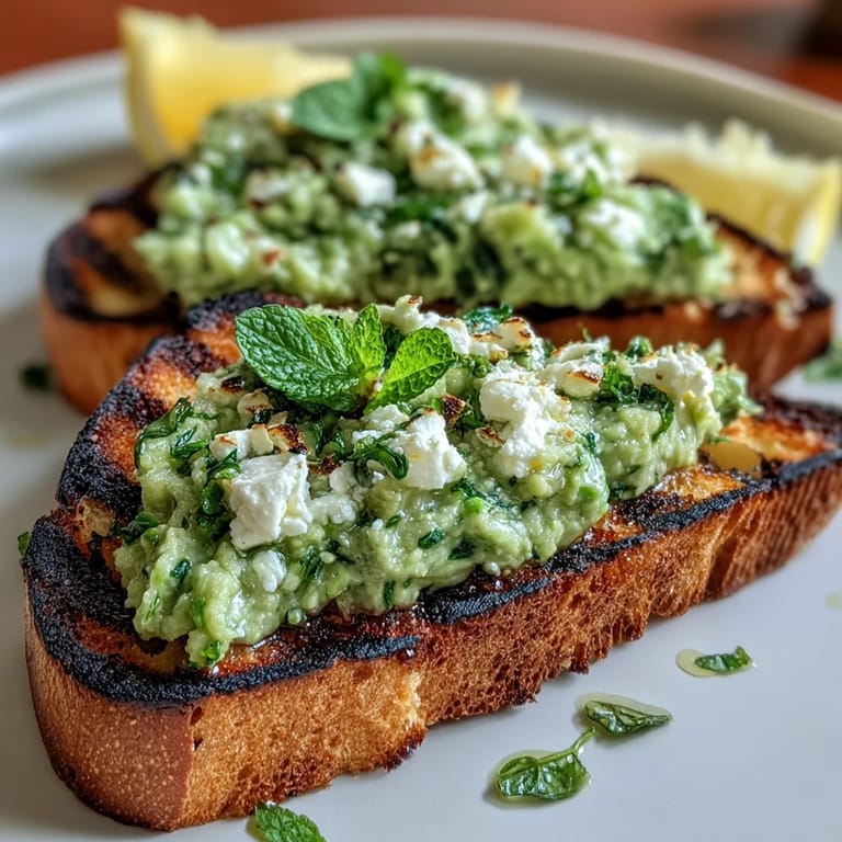 Creamy fava bean spread with fresh mint and lemon zest piled generously on charred sourdough bread slices.
