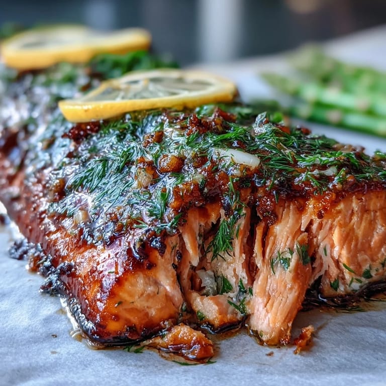 Healthy one pan lemon herb salmon fillet served with roasted asparagus, infused with zesty lemon and aromatic dill for a flavorful meal.