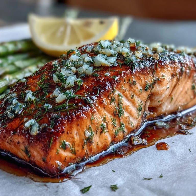 Easy one pan lemon herb salmon and asparagus dish, baked together with garlic and fresh herbs for a wholesome dinner.