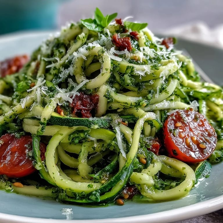 Crisp zucchini noodles mixed with rich raw pesto, bright cherry tomatoes, and garnished with shaved Parmesan for a colorful dish.