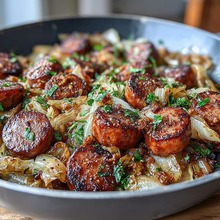 Savory cabbage and sausage skillet sizzling in a cast iron pan, bursting with rustic flavors and aromatic whole grain mustard.