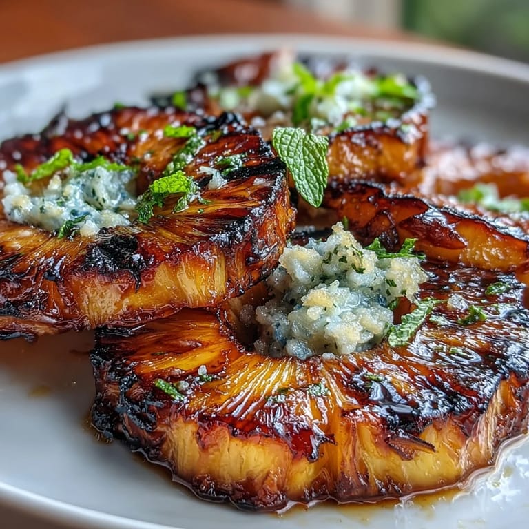 Tropical grilled pineapple dessert featuring warm, spicy yuzu kosho butter.