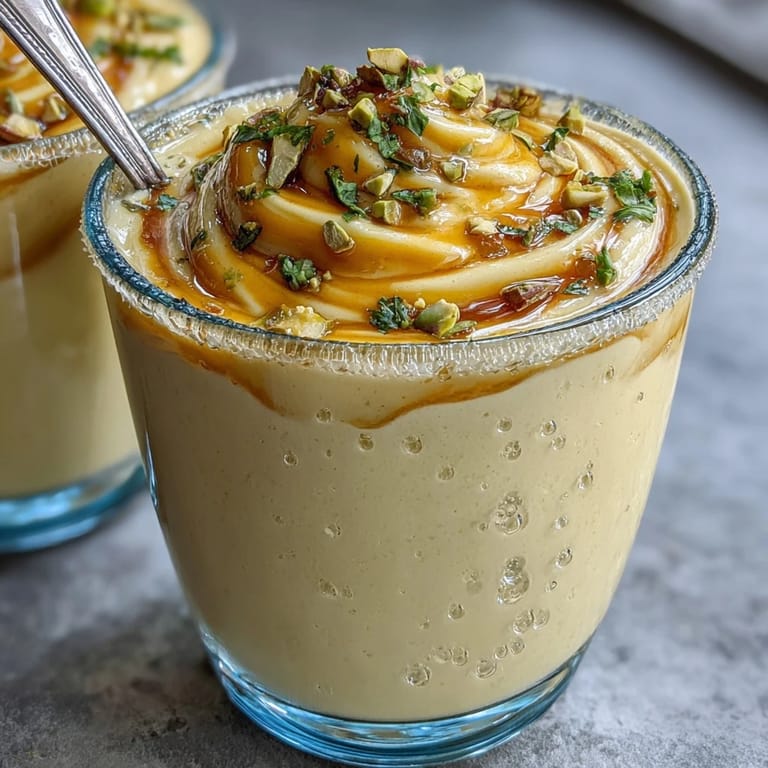 Thick, cool mango lassi smoothie garnished with cardamom, ready to be enjoyed.