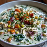 Creamy Ranch Chicken Veggie Soup with tender shredded chicken, potatoes, corn, and spinach in a cozy bowl.