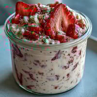 Strawberry Lemonade Overnight Oats with Zest and Poppy Seeds in a jar, creamy oats topped with fresh strawberries and lemon zest.