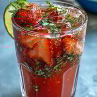 A pitcher of vibrant strawberry basil lemonade with fresh fruit and herbs, perfect for summer gatherings.