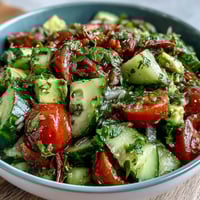Vibrant cucumber tomato avocado salad with lemon dressing, showcasing fresh vegetables in a creamy, zesty bowl.