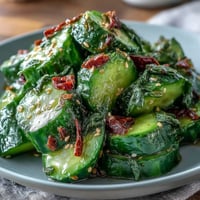 Smashed cucumber salad with garlic chili oil, featuring crunchy cucumbers and a spicy, garlicky drizzle for bold flavor.