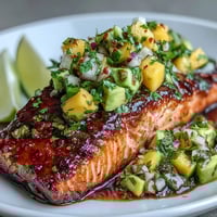 Baked salmon topped with vibrant mango avocado salsa for a refreshing summer dinner.  