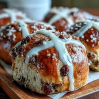 Warm spiced hot cross buns with orange glaze, currants, and golden crust, perfect for Easter brunch or teatime.