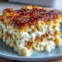 Creamy baked mac and cheese with golden panko topping, rich cheddar and Gruyère sauce oozing over tender elbow pasta.