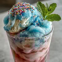 A vibrant cotton candy lemonade float with pink cotton candy, lemonade, and vanilla ice cream in a tall glass.