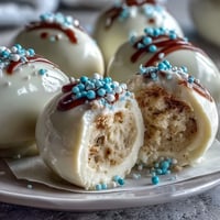 Creamy peanut butter eggs dipped in white chocolate and topped with colorful sprinkles make a festive Easter dessert.