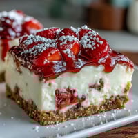 Creamy no-bake cheesecake bars with a buttery graham cracker crust and fresh strawberry topping on a white plate.  
