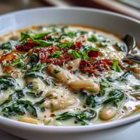 Creamy Tuscan White Bean Soup with spinach and sun-dried tomatoes in a white bowl, garnished with fresh basil and Parmesan.