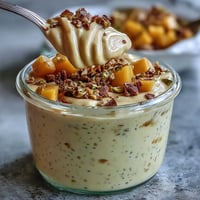 Creamy mango lassi overnight oats with fresh mango, yogurt, and cardamom for a tropical breakfast treat.