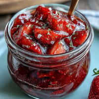 Homemade cottagecore strawberry jam in a rustic jar, capturing the essence of spring with its vibrant red color and sweet aroma.