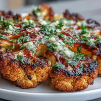 Smoky grilled cauliflower steaks drizzled with fresh, herbaceous chimichurri sauce for a vibrant vegan main dish.