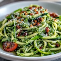 Vibrant zucchini noodles tossed with creamy raw pesto and juicy cherry tomatoes, a light and healthy vegetarian meal.  