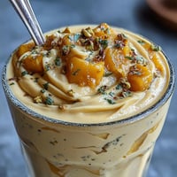 Creamy mango lassi smoothie with vibrant yellow mango and a hint of cardamom spice.