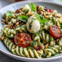 Caprese Pasta Salad with Pesto, glistening mozzarella pearls, and ripe tomatoes.